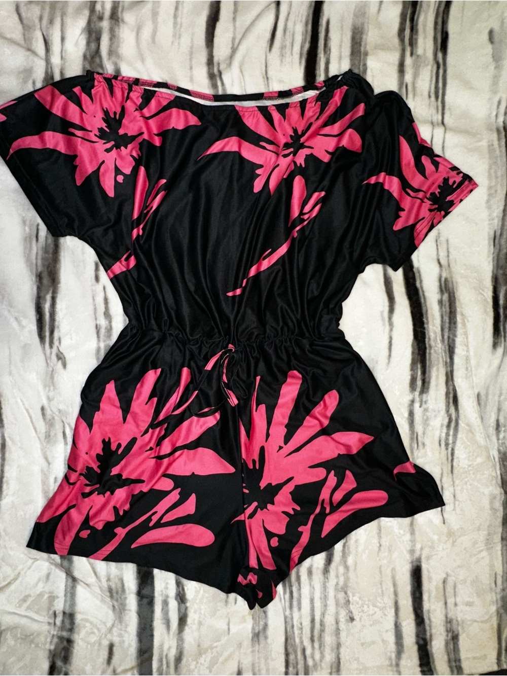 SHEIN Black Romper with Hot Pink Floral Print
